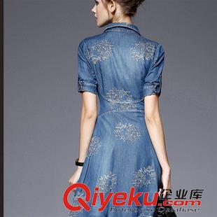 爆款專區(qū) 2015新品 歐美gd大碼女裝連衣裙修身大擺胖MM刺繡牛仔連衣裙女原始圖片3