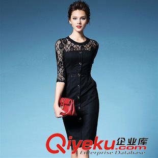 店主推薦 歐洲站2015早秋新款拼接牛仔品牌連衣裙時尚女裝蕾絲七分袖一步裙