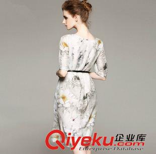 店主推薦 歐美風2015秋裝新亞麻連衣裙女寬松中裙印花蠶絲連衣裙女一件代發