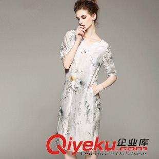 店主推薦 歐美風2015秋裝新亞麻連衣裙女寬松中裙印花蠶絲連衣裙女一件代發