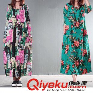 9月份新款 2015秋裝新款名族風大碼女裝中長款連衣裙胖MM寬松長袖棉麻連衣裙