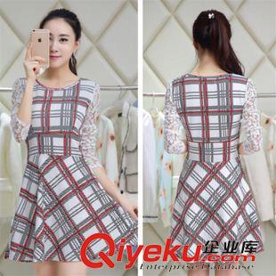 8月份3期 2015秋裝新款女裝韓版顯瘦格子打底裙修身收腰蕾絲長袖品牌連衣裙原始圖片3