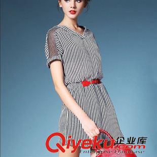 7月份2期新款 歐洲站2015夏季女裝新款時尚v領(lǐng)拼接彈力收腰條紋修身連衣裙女夏原始圖片3