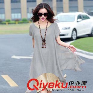 7月份1期新款 2015夏裝新款假兩件棉麻連衣裙  韓版修身顯瘦中長(zhǎng)款短袖連衣裙原始圖片3