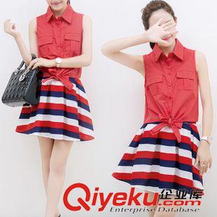 6月份2期新款 2015夏季新款棉麻無袖蝴蝶結(jié)連衣裙女襯衫條紋印花短裙套裝女原始圖片2