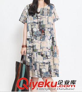 6月份2期新款 2015夏新款棉麻連衣裙女 時尚印花大碼女裝短袖寬松裙子一件代發(fā)