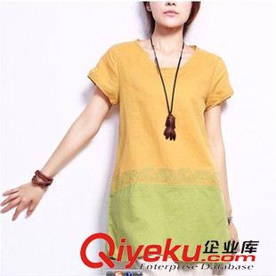 6月份1期新款 2015夏裝新款 文藝女裝 胖MM大碼寬松中長款圓領短袖繡花棉麻t恤原始圖片2