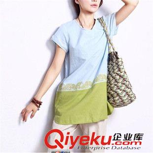 6月份1期新款 2015夏裝新款 文藝女裝 胖MM大碼寬松中長款圓領短袖繡花棉麻t恤原始圖片3