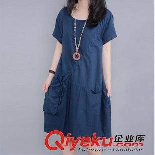 6月份1期新款 夏季新款棉麻短袖女裝韓版寬松大碼時尚大口袋連衣裙子一件代發(fā)原始圖片2