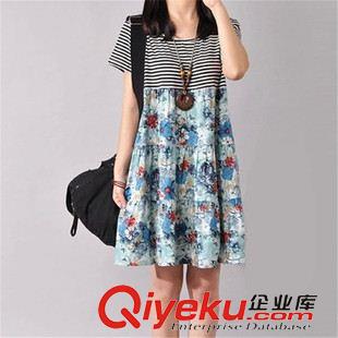 6月份1期新款 2015夏季新款韓版女裝大碼寬松碎花裙 時尚中長款短袖棉麻連衣裙原始圖片2