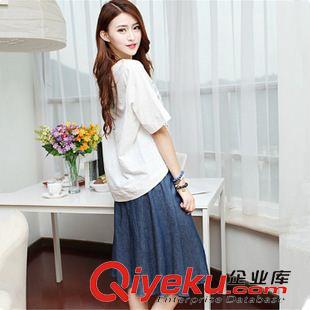 6月份1期新款 2015夏季新款復古短袖女裝棉麻連衣裙 時尚大碼T恤印花上衣兩件套原始圖片2