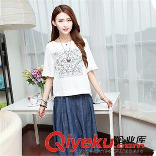 6月份1期新款 2015夏季新款復古短袖女裝棉麻連衣裙 時尚大碼T恤印花上衣兩件套原始圖片3