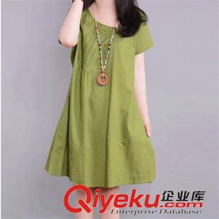 6月份1期新款 2015夏季新款復古短袖女裝棉麻連衣裙 時尚大碼T恤印花上衣兩件套