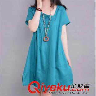 6月份1期新款 2015夏季新款大碼女裝胖MM短袖休閑寬松顯瘦棉麻連衣裙一件代發(fā)原始圖片2