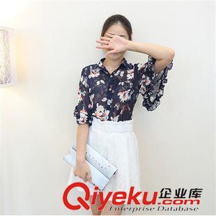 6月份1期新款 2015夏季新款女裝名媛小香風(fēng)印花雪紡衫半身百褶裙套裝女一件代發(fā)原始圖片2