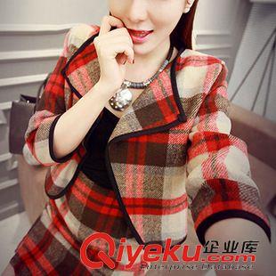 毛呢系列 2015新款修身英倫格紋女裝毛呢外套兩件套連衣裙長(zhǎng)袖秋冬套裝女原始圖片2