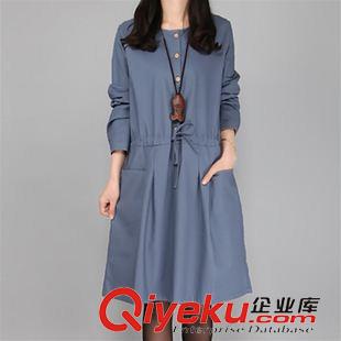 長袖棉麻大碼女裝 2015秋裝新款女裝胖MM舒適棉麻大碼抽繩收腰長袖連衣裙一件代發(fā)原始圖片2