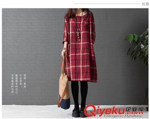 長(zhǎng)袖棉麻大碼女裝 2015秋裝新款大碼女裝胖MM連衣裙寬松文藝范格子長(zhǎng)袖棉麻連衣裙女原始圖片2
