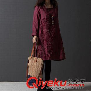 長(zhǎng)袖棉麻大碼女裝 2015秋裝新款森女系大碼女裝 民族風(fēng)文藝范印花棉麻連衣裙