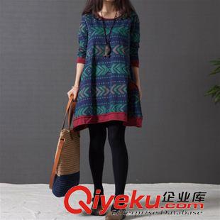 長(zhǎng)袖棉麻大碼女裝 2015秋裝新款森女系大碼女裝 民族風(fēng)文藝范印花棉麻連衣裙原始圖片2