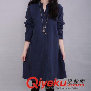 長袖棉麻大碼女裝 2015秋裝新品寬松復(fù)古棉麻連衣裙 胖MM修身A字版長袖連衣裙女裝原始圖片2