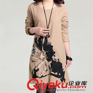 長袖棉麻大碼女裝 2015大碼復古A字版連衣裙寬松繡花dhmm圓領長袖連衣裙原始圖片3