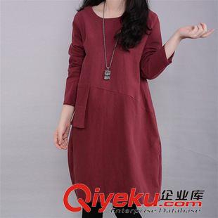 長袖棉麻大碼女裝 2015秋裝新款 文藝大碼女裝寬松 小清新長袖格子棉麻連衣裙女