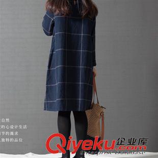 長袖棉麻大碼女裝 2015秋裝新款 文藝大碼女裝寬松 小清新長袖格子棉麻連衣裙女原始圖片3