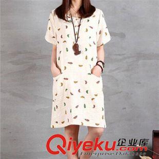 短袖棉麻大碼女裝 2015夏新款中長款棉麻連衣裙 韓版寬松大碼女裝短袖印花連衣裙原始圖片3