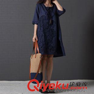 短袖棉麻大碼女裝 2015夏裝新款女裝連衣裙 韓版寬松大碼布衣風圓領印花棉麻連衣裙