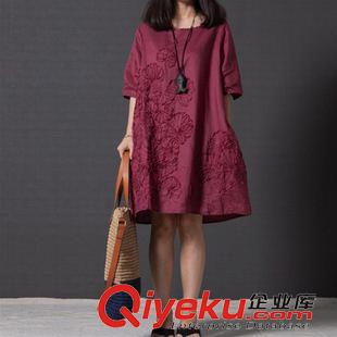 短袖棉麻大碼女裝 2015新款棉麻連衣裙大碼女裝韓版小清新寬松繡花短袖女裝打底裙原始圖片2