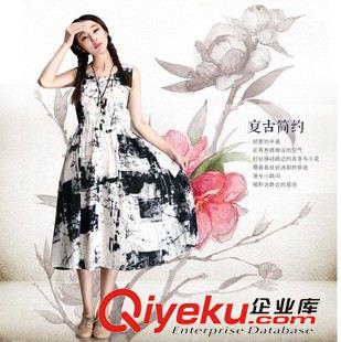 短袖棉麻大碼女裝 2015夏復(fù)古水墨畫印花中長款裙子新款文藝范大碼無袖棉麻連衣裙原始圖片2