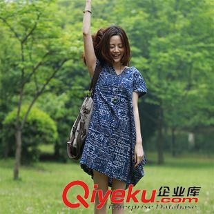 短袖棉麻大碼女裝 2015夏裝新款韓版寬松大碼女裝布衣風圓領大印花棉麻質連衣裙原始圖片2