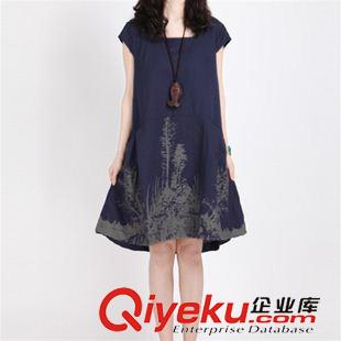 短袖棉麻大碼女裝 2015夏裝新款韓版寬松大碼女裝布衣風圓領大印花棉麻質連衣裙