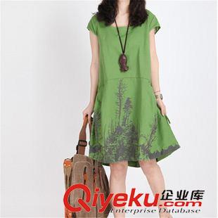 短袖棉麻大碼女裝 2015夏裝森女gd品質女裝裙子 寬松大碼水墨印花棉麻短袖連衣裙原始圖片2