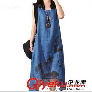 短袖棉麻大碼女裝 2015夏季新款大碼女裝中長款連衣裙 韓版印花短袖撞色棉麻連衣裙