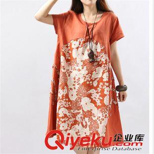 短袖棉麻大碼女裝 2015夏季新款大碼女裝中長款連衣裙 韓版印花短袖撞色棉麻連衣裙原始圖片2