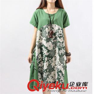 短袖棉麻大碼女裝 2015夏季新款大碼女裝中長款連衣裙 韓版印花短袖撞色棉麻連衣裙原始圖片3