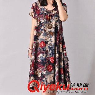 短袖棉麻大碼女裝 2015夏季新款韓版女裝大碼寬松碎花裙 時尚中長款短袖棉麻連衣裙