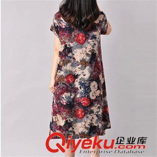 短袖棉麻大碼女裝 2015韓版寬松大碼女裝中長款連衣裙 夏裝新款胖MM印花棉麻連衣裙原始圖片3