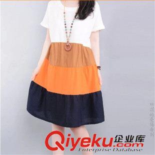 短袖棉麻大碼女裝 2015胖MM寬松韓版大碼女裝 時(shí)尚撞色拼接短袖圓領(lǐng)顯瘦棉麻連衣裙原始圖片2
