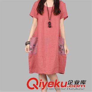 短袖棉麻大碼女裝 2015夏裝新款短袖棉麻連衣裙大碼女裝胖MM復(fù)古中長亞麻中腰連衣裙