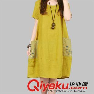 短袖棉麻大碼女裝 2015新款韓版寬松大碼女裝 紗網(wǎng)紐扣大口袋胖MM短袖棉麻連衣裙女原始圖片2