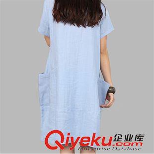 短袖棉麻大碼女裝 2015新款韓版寬松大碼女裝 紗網(wǎng)紐扣大口袋胖MM短袖棉麻連衣裙女原始圖片3