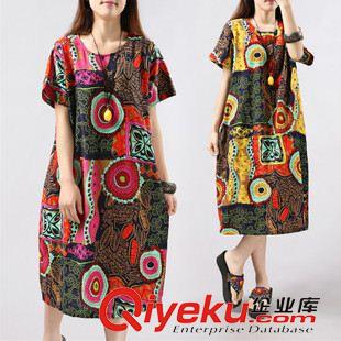 短袖棉麻大碼女裝 2015新款復(fù)古中長(zhǎng)款棉麻連衣裙 夏裝寬松大碼女裝假兩件亞麻裙子
