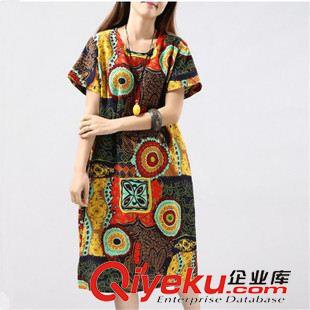 短袖棉麻大碼女裝 2015夏裝大碼女裝連衣裙寬松圓領(lǐng)中長(zhǎng)款復(fù)古棉麻印花連衣裙女原始圖片2
