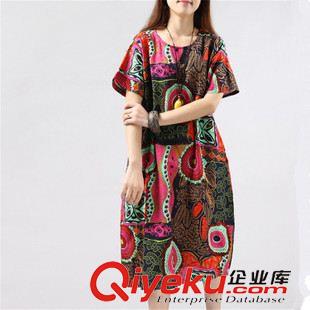 短袖棉麻大碼女裝 2015夏裝大碼女裝連衣裙寬松圓領(lǐng)中長(zhǎng)款復(fù)古棉麻印花連衣裙女原始圖片3