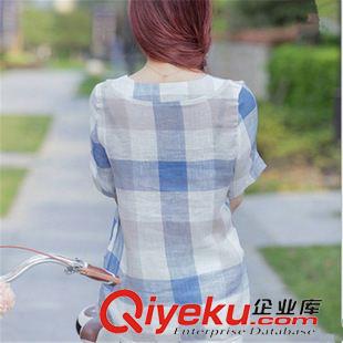 短袖棉麻大碼女裝 2015新款大碼女裝寬松亞麻格子襯衫 夏韓版修身圓領(lǐng)棉麻t恤女裝原始圖片2