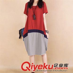 短袖棉麻大碼女裝 2015夏季新款布衣女裝大碼裙子 韓版撞色拼接棉麻短袖連衣裙 代發