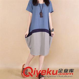 短袖棉麻大碼女裝 2015夏季新款布衣女裝大碼裙子 韓版撞色拼接棉麻短袖連衣裙 代發原始圖片2